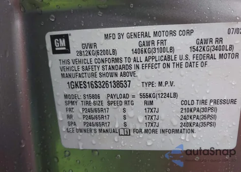 2002 GMC Envoy Xl Slt из США, поврежденный, VIN 1GKES16S326138537